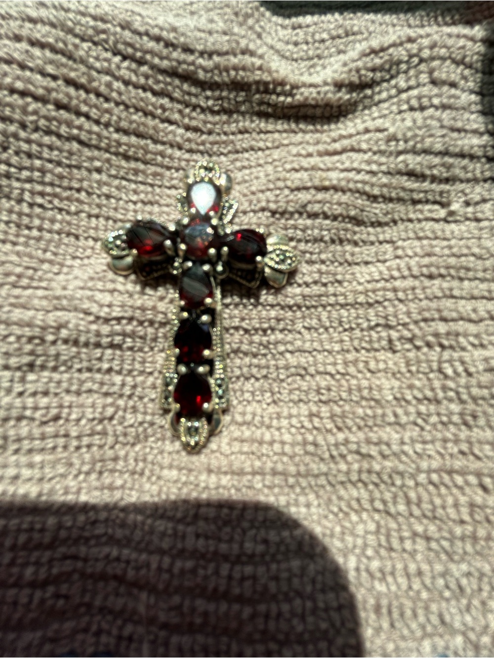 Silver marcasite with stunning red stones cross